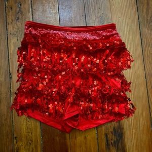 Red weissman, small adult high waisted sequin fringe shorts